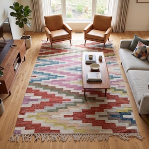 Abstract Brick Weave Kilim, Soft Multicolor Wool Rug, Hand Loomed Flatweave Accent Rug, Contemporary Boho Floor Covering