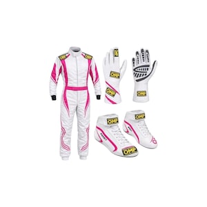 May include: A white racing suit with pink accents, a pair of white racing gloves with black palm detailing, and a pair of white racing boots with pink trim. Each item features the yellow and black OMP logo prominently displayed on the gear.