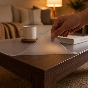 Puede incluir: Una lámina protectora de mesa flexible, transparente y ligeramente texturizada hecha de plástico. El material fino y translúcido se levanta por una esquina, revelando su superficie lisa y su capacidad para quedar plana sobre una mesa de madera.