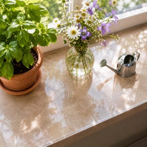 Puede incluir: Una planta de albahaca de color verde vibrante en una maceta de terracota, un florero de vidrio transparente con margaritas blancas y campanillas moradas, y una pequeña regadera de metal plateado con boquilla perforada sobre una superficie clara.