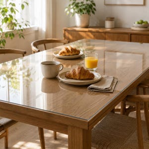 Op de afbeelding: Een rechthoekige houten eettafel met een transparante glazen beschermplaat. De tafel is gedekt met twee witte keramische borden met elk een goudbruine croissant, een beige keramische mok met koffie, een glas sinaasappelsap en een gevouwen servet.