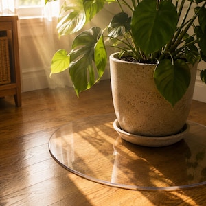 Puede incluir: Una alfombrilla de suelo redonda y transparente de plástico se asienta sobre un suelo de madera, sirviendo como base protectora para una planta Monstera en maceta. La planta está en una maceta de cerámica moteada de color claro con plato.
