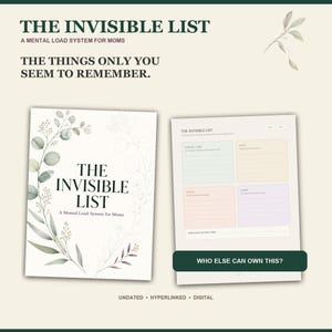 Könnte beinhalten: Ein digitaler Planer mit dem Titel The Invisible List: A Mental Load System for Moms. Das Cover zeigt grüne Eukalyptus-Illustrationen. Die Innenseite zeigt vier farbige Bereiche mit den Beschriftungen School/Kids, Home, People und Large sowie einen Button mit der Aufschrift Who Else Can Own This? am unteren Rand.