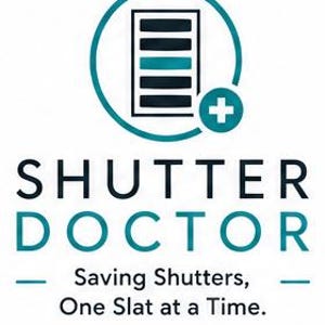 May include: A logo featuring a teal circle containing a rectangular shutter icon with one highlighted slat and a plus sign. Below, the text reads SHUTTER DOCTOR in bold, followed by the tagline Saving Shutters, One Slat at a Time, with teal lines.