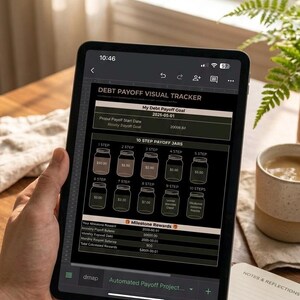 Könnte beinhalten: Ein Tablet mit einer digitalen Debt Payoff Visual Tracker Tabelle. Der Bildschirm zeigt ein Zieldatum vom 2025-05-01, eine Grafik mit 10 Rückzahlungsgläsern und eine Tabelle für Meilenstein-Belohnungen. Die Benutzeroberfläche trägt den Titel Debt Payoff Visual Tracker.