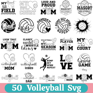 Puede incluir: Una colección de diseños gráficos digitales en blanco y negro con temas de voleibol, que incluyen balones, corazones y frases de texto como My Heart Is On That Court, Loud And Proud Volleyball Mom y Bump Set Spike Repeat.
