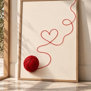 May include: A framed wall art piece featuring a cream-colored background with a single ball of red yarn positioned at the bottom left. A continuous red yarn strand extends from the ball, forming a heart shape in the center and trailing upward.