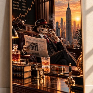 May include: A framed wall art print depicting a skeleton in a suit, fedora, and sunglasses sitting in a leather chair. The skeleton holds a cigar and a newspaper titled The Wall Street Journal. A New York City skyline is visible through the window.