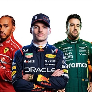 May include: Four Formula 1 drivers stand in a row wearing their respective team racing suits. From left to right, they wear a red Ferrari suit, a dark blue Red Bull suit with Oracle branding, a green Aston Martin suit, and an orange McLaren suit.