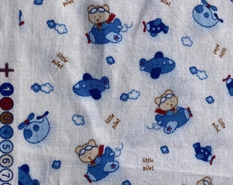 DESTASH fabric 2 Yards of Whimsical Novelty Little Bear Pilots in Blue Planes Tossed on a White Background Cotton Quilting Fabric
