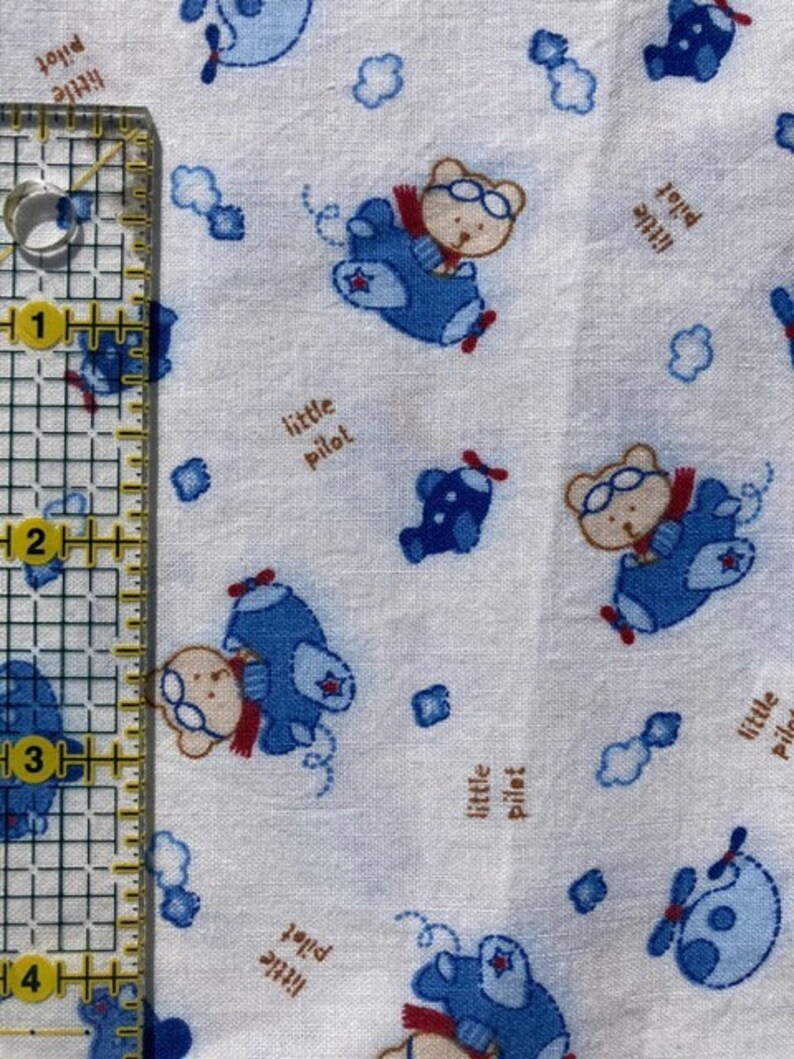 DESTASH fabric 2 Yards of Whimsical Novelty Little Bear Pilots in Blue Planes Tossed on a White Background Cotton Quilting Fabric