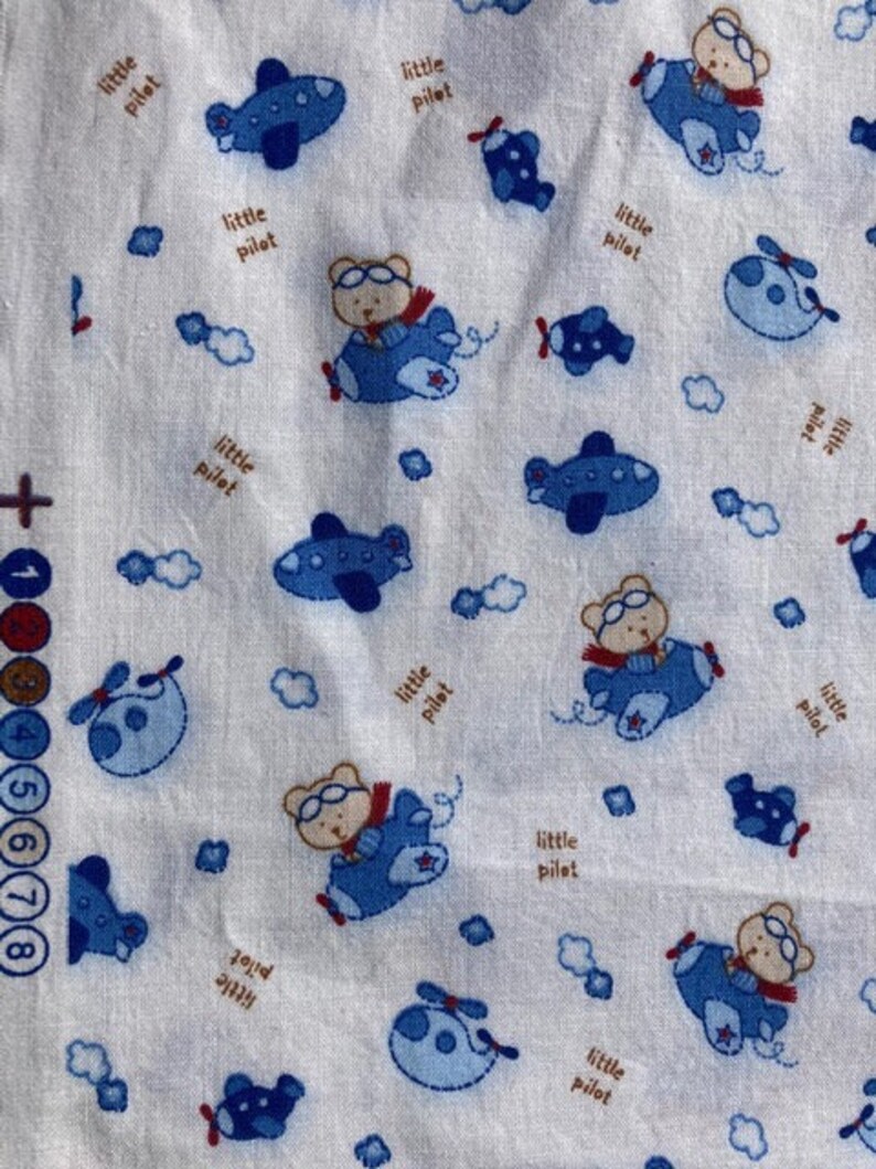 DESTASH fabric 2 Yards of Whimsical Novelty Little Bear Pilots in Blue Planes Tossed on a White Background Cotton Quilting Fabric