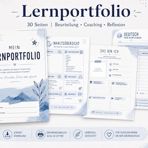 Peut inclure: Un ensemble de portfolio d'apprentissage imprimable comprenant une page de couverture intitulée Lernportfolio, un sommaire et des feuilles d'évaluation. Le design présente des touches d'aquarelle bleue, des montagnes et du texte en allemand.