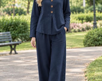 Zweiteiliges Damen-Set, langärmeliges Oberteil mit V-Ausschnitt und weit geschnittene Hose, aufeinander abgestimmtes Outfit