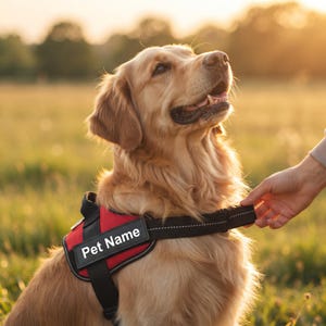 Peut inclure: Un harnais pour chien rouge et noir doté d'un écusson rectangulaire avec le texte blanc Pet Name imprimé sur le côté. Le harnais comprend des sangles noires réglables avec des coutures réfléchissantes et une poignée robuste sur le dessus.