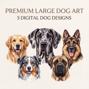 Peut inclure: Une collection d'art numérique présentant cinq portraits de chiens, dont un golden retriever, un grand danois tacheté, un berger allemand, un berger australien et un mastiff. Le texte indique PREMIUM LARGE DOG ART et 5 DIGITAL DOG DESIGNS.