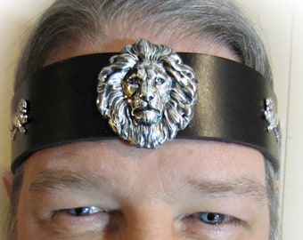 Large Lion Face Leather Headpiece, Black Leather, Ren Faire for Men, Wedding for Men, Antique Silver, Burning Man, Ready to Ship