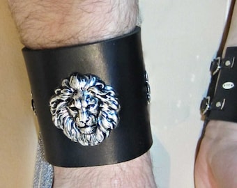 Large Lion Face Leather Cuff, Black Brown or Forest Green, Antique Silver or Gold, Fleur de Lis Accents, Ren Fair for Men, Made to Order