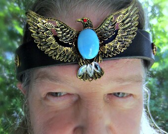 Bronze  Eagle Headpiece, Black Leather, Turquoise Glass Cab, Ren Faire, Burning Man, One of a Kind, Ready to Ship