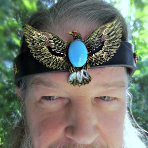 Bronze Eagle Headpiece, Black Leather, Turquoise Glass Cab, Ren Faire, Burning Man, One of a Kind, Ready to Ship image 1
