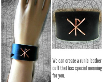 Runes Leather Cuff, Elder Futhark Runes, Black or Brown Leather Choose from List