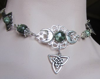 Triple Moon Seraphinite Choker or Circlet, Celtic Knot Triquetra Drop, Victorian Connectors, Handfasting, Russian Seraphinite Beads and Cabs