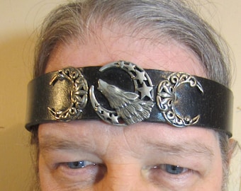Howling Wolf Leather Headpiece, Crescent Moon and Stars,  Black Brown or Navy Blue, Sterling Plated Crescents, Wide Band, Made to Order