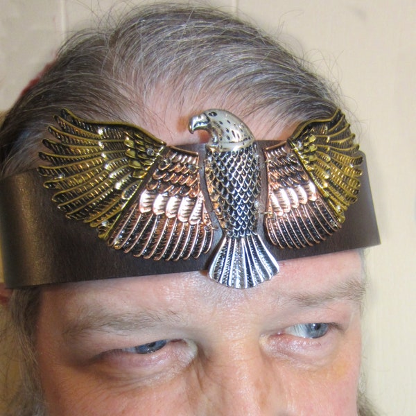 Eagle Headpiece, Native American, Totem Headband, Tri-color Eagle, Black Leather, Pagan Ritual, Burning Man, Ren Faire, Ready to Ship