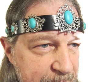 Turquoise Men's Leather Headpiece, Black Leather Headband, Howlite Gemstone, Ren Fair for Men, Made to Order