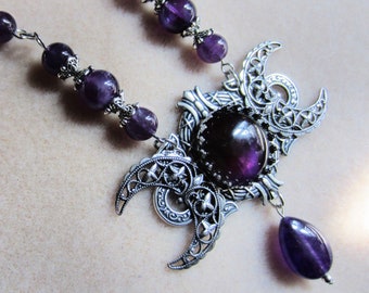 Deep Purple Amethyst Necklace, Triple Moon Goddess, Sterling Plated Filigree Crescents, Crown Setting, Gemstone Beaded Chain, Made to Order