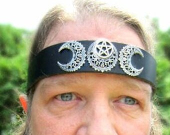 Crescent Moon Pentacle Headpiece, Triple Goddess, Headpiece for Men , Unixex Leather Headband, Choose Style