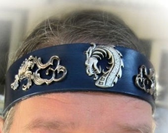 Silver Sea Serpent Headpiece, Sea Dragon Headband, Black Leather, Pagan Ritual, Burning Man, Ren Faire, Made to Order