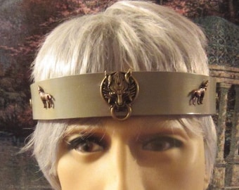 Totem Wolf Gray Leather Headband, Men's Headpiece, Fenrir Wolf, Infinity Headband, Bronze Wolf Headpiece. Ready to Ship