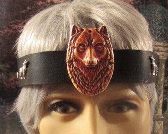 Totem Wolf Black Leather Headband, Men's Headpiece, Infinity Headband, Ceramic Wolf Headpiece, Ren Faire, Burning Man. Ready to Ship