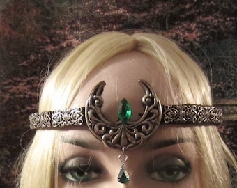 Crescent Headpiece, Green Crystal, Green Crystal Drop, Black Leather, Wedding for Women, Burning Man, LARP, Ready to Ship.