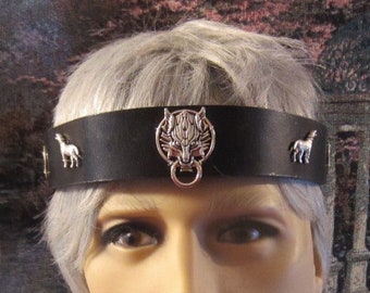 Wolf Headpiece, Unisex Headband Black Leather Headband, Silver Wolf, Tree of Life, Ren Faire, Burning Man, Ready to Ship