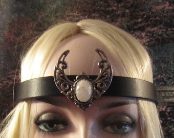 Moonstone Crescent Leather Headpiece, Leather Circlet, Black Leather, Pagan Ritual, Hand-fasting, Filigree Crescent, Ready to Ship