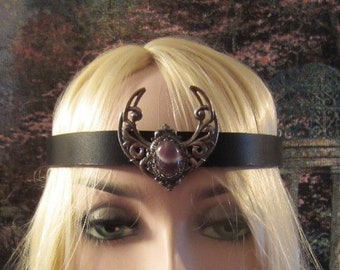 Amethyst Crescent Leather Headpiece, Leather Circlet, Black Leather, Pagan Ritual, Hand-fasting, Filigree Crescent, Ready to Ship