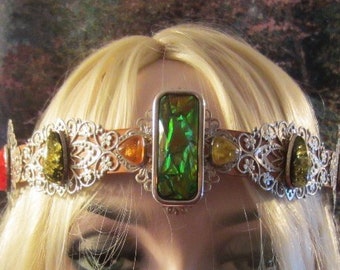 Gold Glitter stone Crown, Natural Leather and Filigree, Ren Faire, Burning Man, Wedding, Ready to Ship