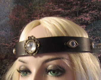 Circlet of Eyes Leather Headpiece, Bronze Dragons Setting, Brown Leather Band, Unisex, Ren Faire, Ritual, Ready to Ship