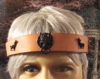 Totem Wolf Natural Leather Headband, Men's Headpiece, Fenrir Wolf, Infinity Headband, Black Wolf Headpiece. Ready to Ship