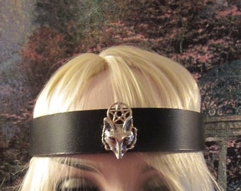 Silver Pentacle Wolf Leather Headband, Burning Man, Black, Brown, Gray, or White Leather, Pentacle Fox, Burning Man, Ren Fair, Made to Order