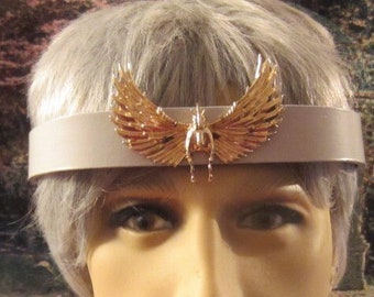 Pegasus Headpiece, Sky Blue Leather Headband, Gold Pegasus, Pegasus Headband, Burning Man, Ren Faire, Ready to Ship