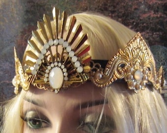Sunrise Crown, Gold and Opalite, Black Leather, Ren Faire, Burning Man, Wedding, Ready to Ship