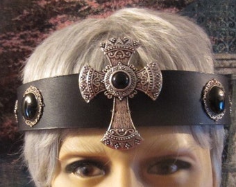 Gothic Cross Headpiece, Black Leather Headband, Black Onyx Gemstones, Antique Silver Viking Style Cross, Burning Man,Ren Fair, Ready to Ship