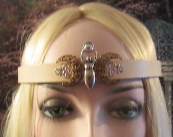 Goddess, Triple Goddess, Leather Headpiece, White Leather, Pagan Ritual, Hand-fasting, Sterling Plated, Ren Fair, Burning Man, Ready to Ship