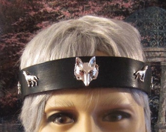 Wolf Headpiece for Men, Forrest Green Leather Headband, with Triquetra, Silver Wolf, Silver Fox, Fox Headpiece, Ren Faire, Ready to Ship