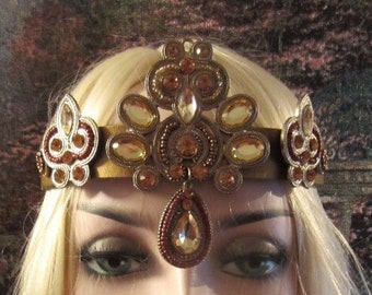 Indian Princess Gold Leather Headpiece, Ritual Headband, Headpiece for Women, Ren Faire, Burning Man, Wedding for Women, Ready to Ship