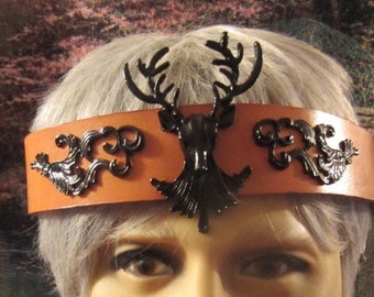 Men's Stag Headpiece Natural Leather, Cernunnos Celtic God of the Forest, Yule Crown, Pagan Ritual, Ren Faire, Ready to Ship