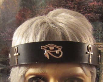 Eye of Horus Headpiece, Egyptian Leather Headband, Ritual Headpiece, Black Leather, Ankh Pendants, Pentagrams, Ren Faire, Ready to Ship